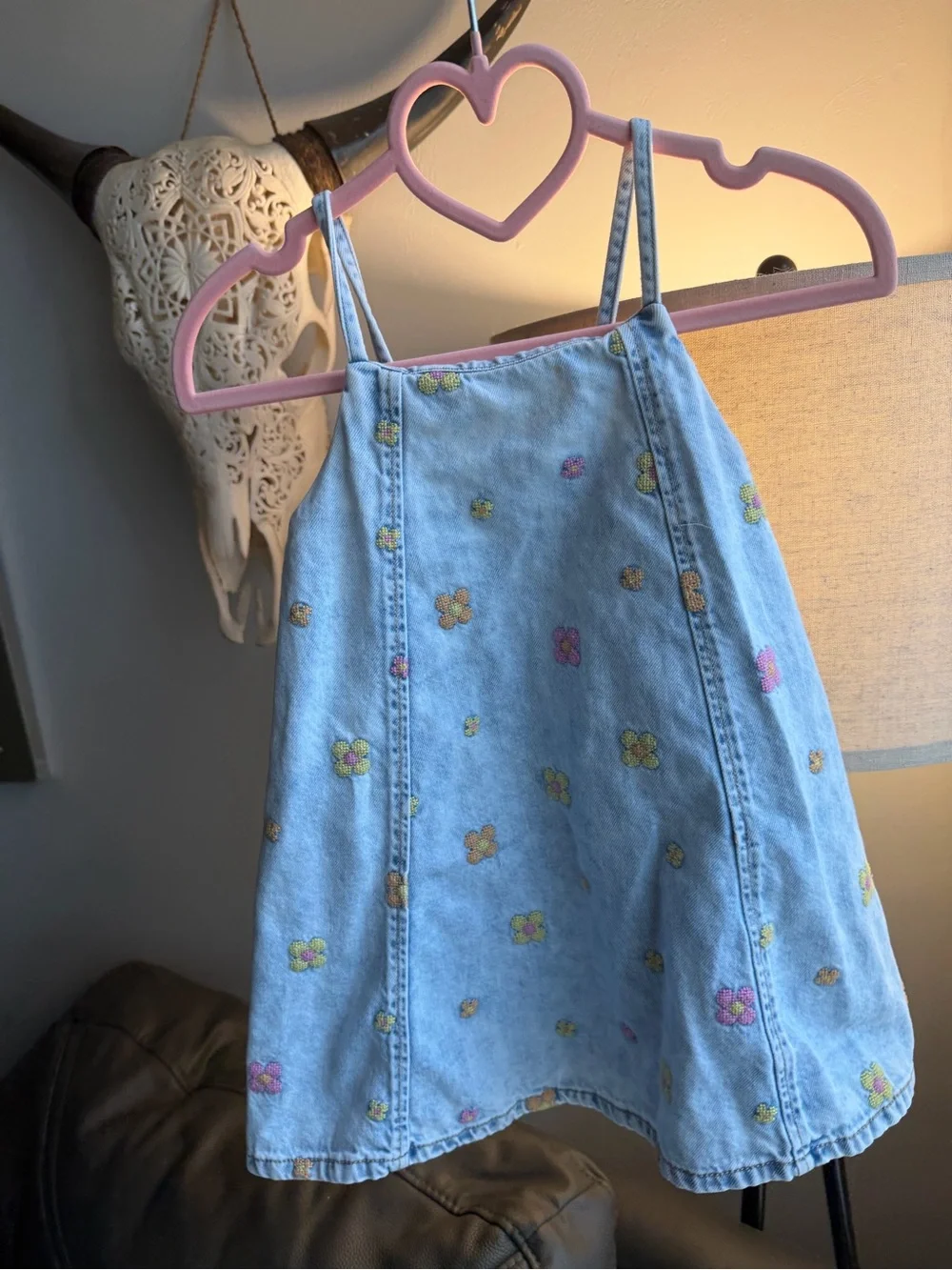 Zara Light Wash Denim Dress with Embroidered Flowers